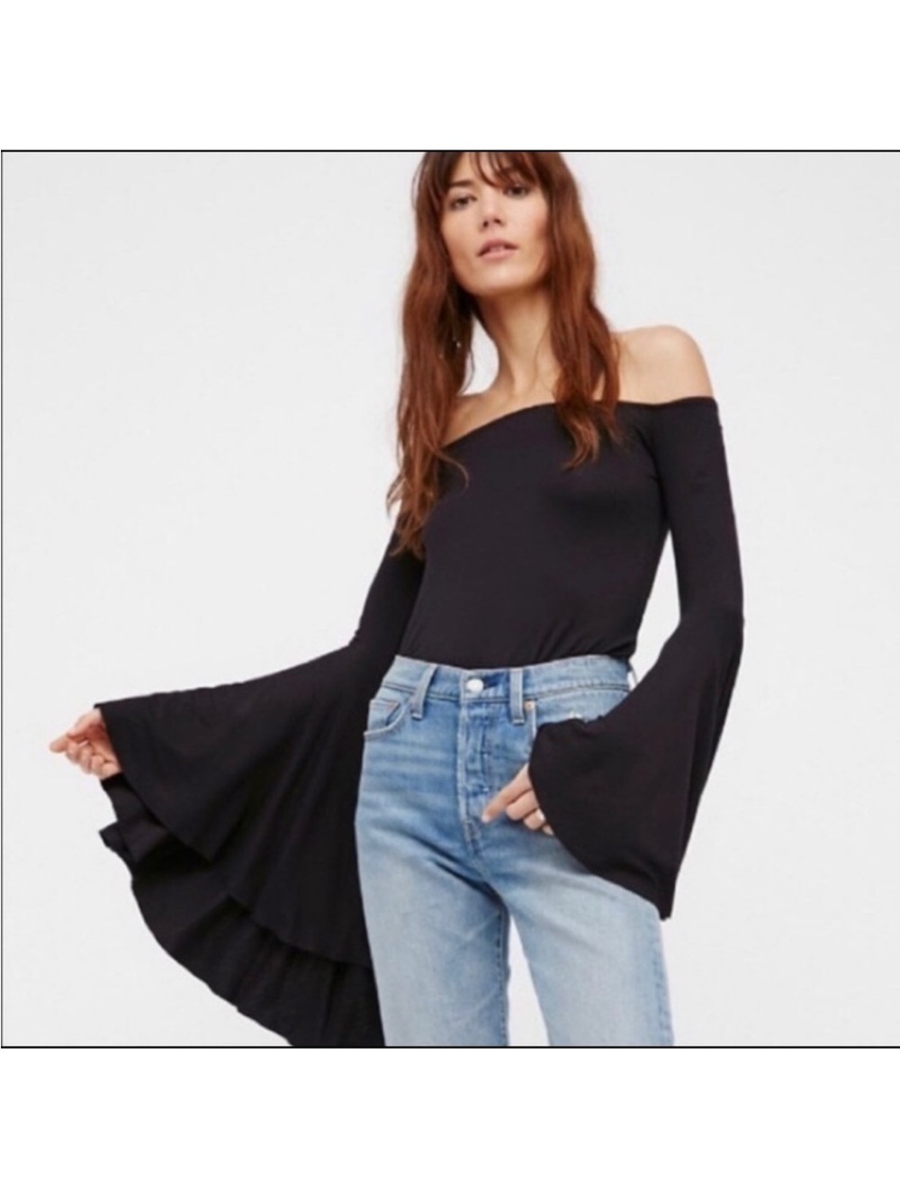 Free People ‘Birds of Paradise’ black top flare bell sleeve size medium